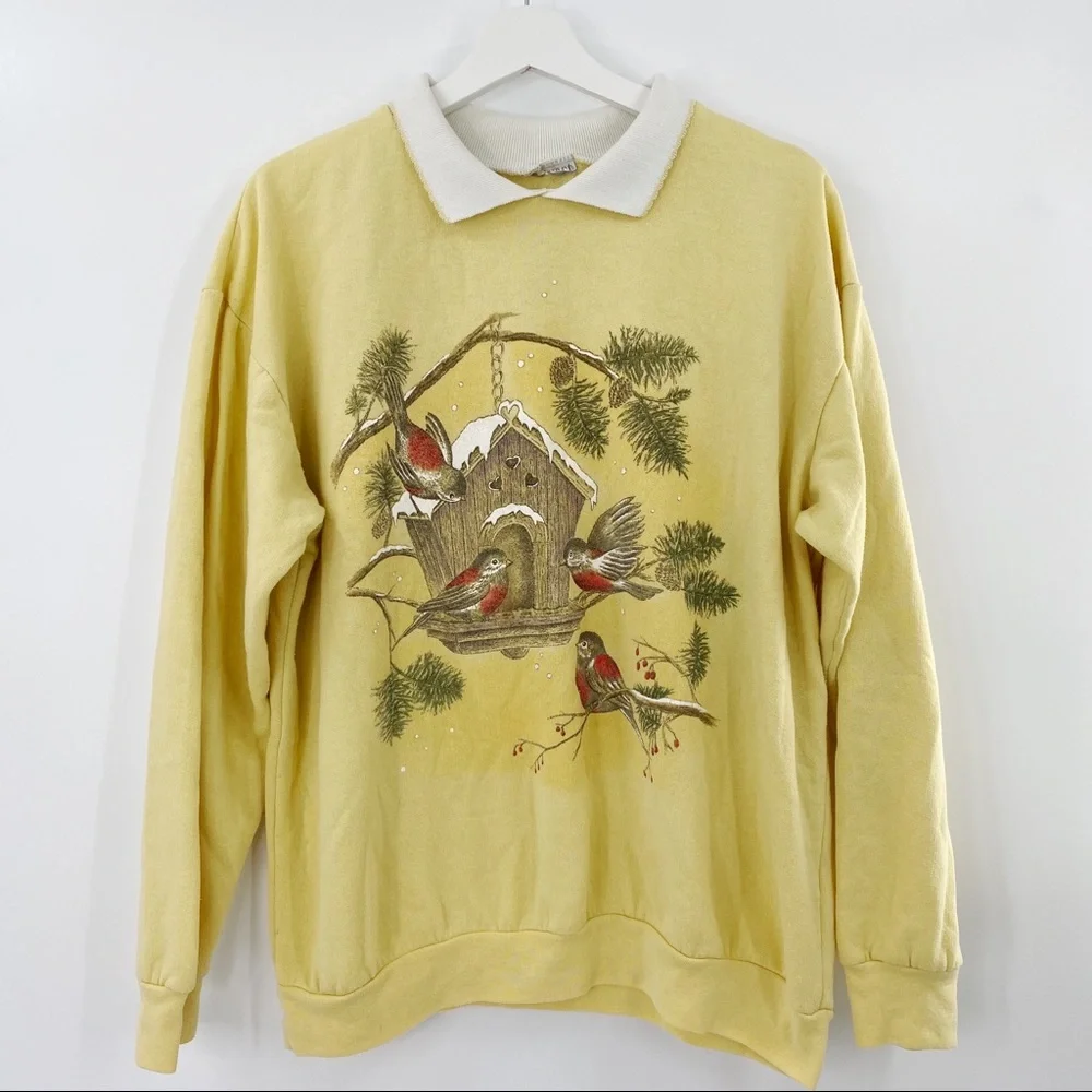 Vintage collared yellow sweatshirt with birds - Picture 1 of 5